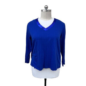 BLIS - Women's Blue Satin Trimmed V Neck Long Sleeve Relaxed Tee 3X Plus
